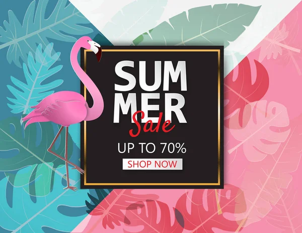 Kreativ illustration sommaren försäljning banner med flamingo och tropi — Stock vektor