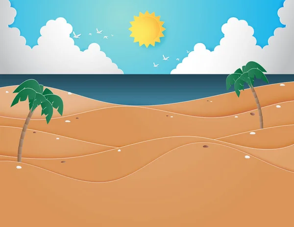 位置するにヤシの木がある夏のビーチと海のイラスト — ストックベクタ