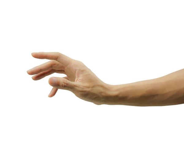 Um homem mão gesticulando ou mostrando algo isolado nas costas brancas — Fotografia de Stock