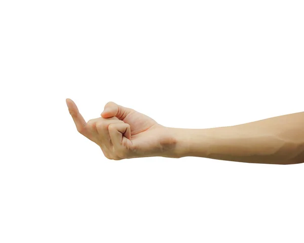 Una mano de hombre apuntando hacia arriba como llamar a alguien aislado en el respaldo blanco —  Fotos de Stock