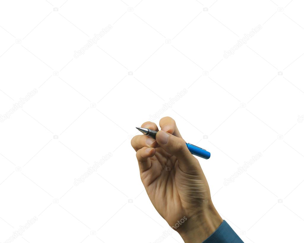 Cropped of businessman hand writing on white background.