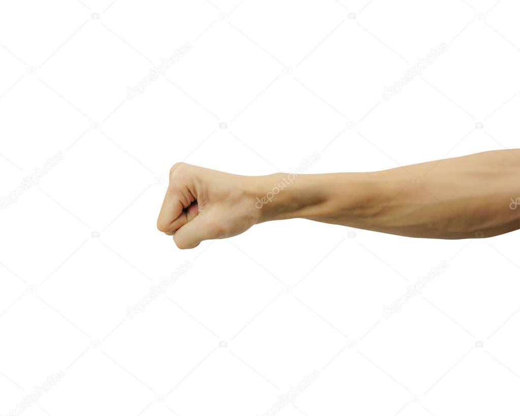 Closed of man hand or fist and punch isolated on white backgroun