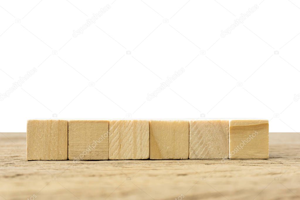 Horizontal 6 wooden blocks on table on white background.