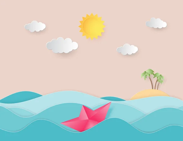 Ozean Wasserwelle mit Origami gemacht Segelboot schwimmend auf der — Stockvektor