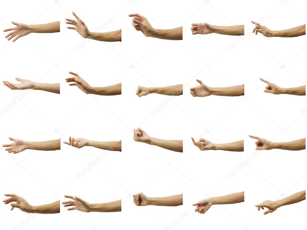Multiple of man's hand gesture isolated on white background. Car