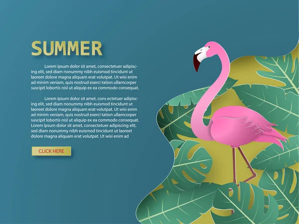 Summer background with flamingo bird and tropical palm and leave