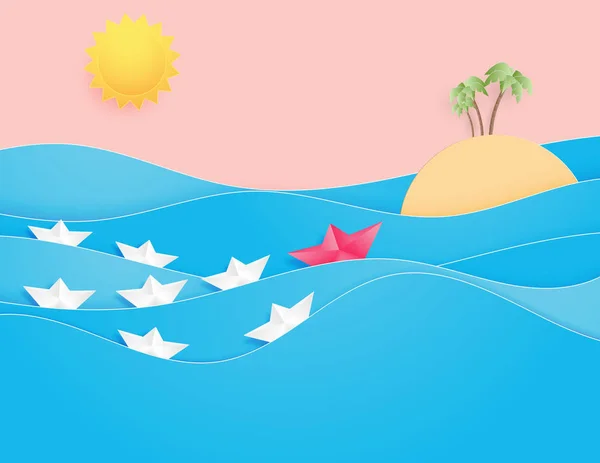 Океанская Водная Волна Оригами Сделала Парусную Лодку Плавающей Морю Солнцезащитной — стоковый вектор