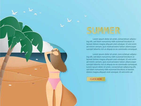 Fond d'été avec vue arrière du bikini jeune fille à tropica — Image vectorielle