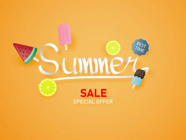 Summer lettering on orange background with ice cream, water melo