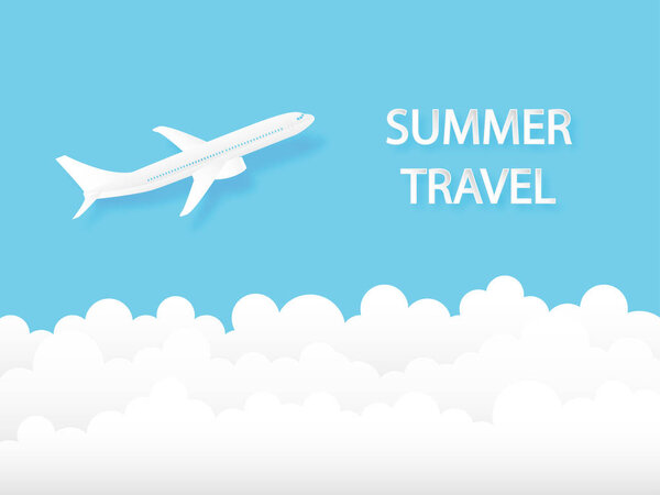 Summer travel concept airplane flying in the sky. Digital craft paper cut style. Vector illustration design.