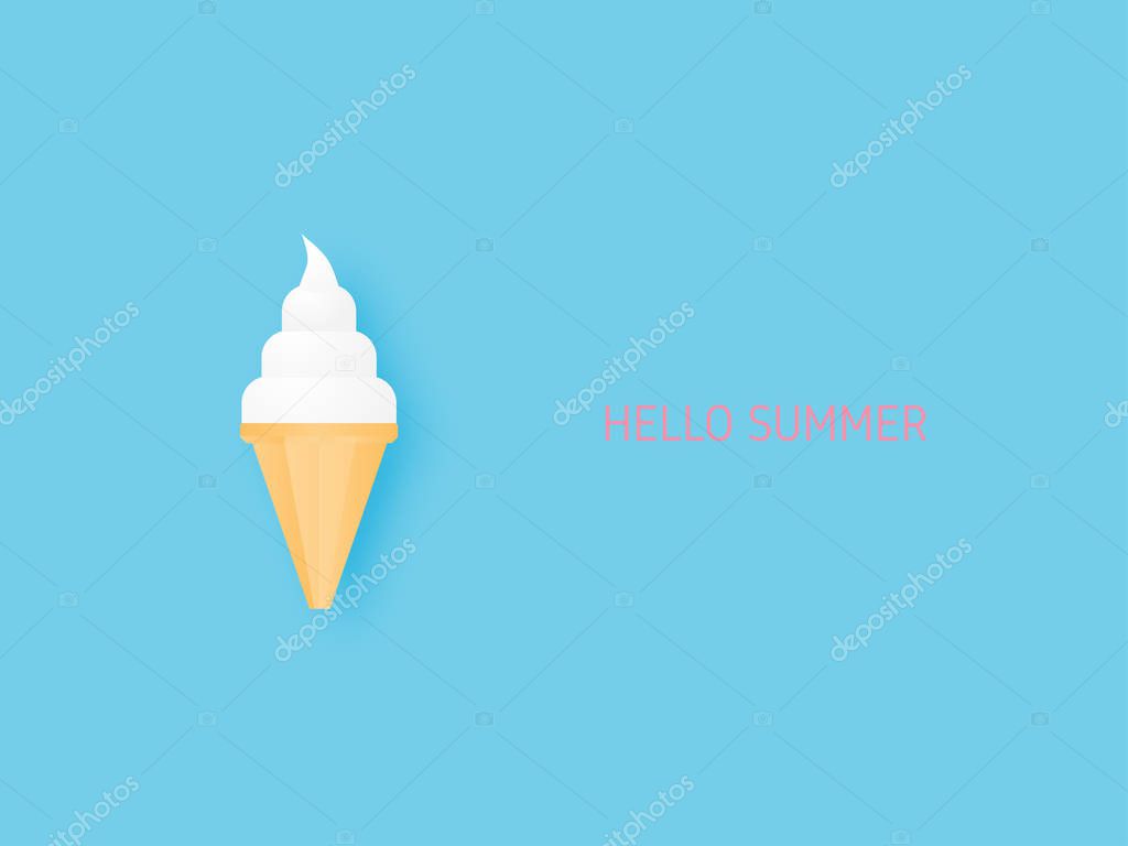 Sweet milk ice cream cone on blue background paper cut style. Digital craft paper art minimalism style for wallpaper, poster, brochure, flyer, banner template, summer advertising concept.