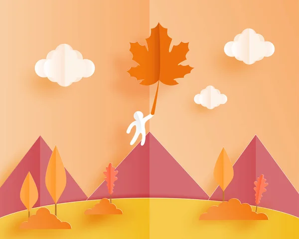 Paysage fond d'automne avec un papier humain accrocher sur vol ma — Image vectorielle