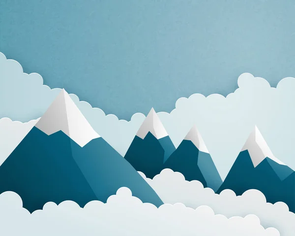 Scène montagneuse et nuageuse en papier découpé. Nature paysage cl — Image vectorielle
