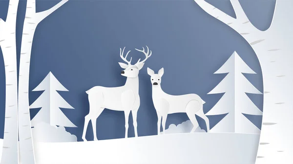 爱情夫妇的鹿在冬天的田野与松树和树枝 — 图库矢量图片