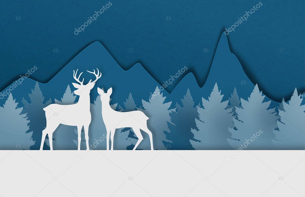 Digital craft made deer couple on snowfield with pine forest and
