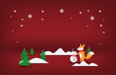 Kağıt sanatı ve el işi, Noel arkaplanı. Kırmızı arka planda mutlu bir tilki ve kardan adam.