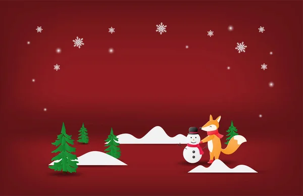 Paper Art Craft Christmas Background Happy Fox Snowman Red Background — Stock Vector