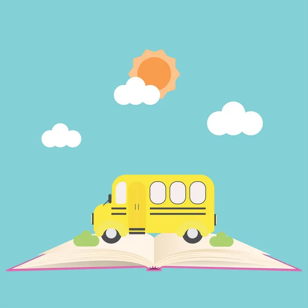 Back School Banner School Bus Open Book — Stock Vector