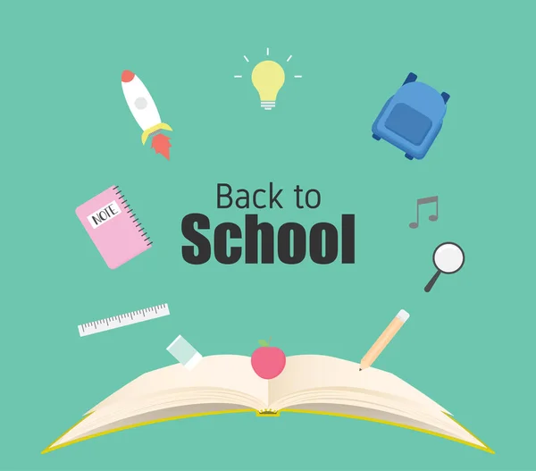 Back School Poster Banner Concept Open Book Education Equipment — Stock Vector