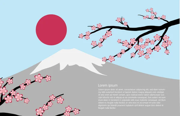 Fuji Mountain Background Cherry Blossom Sun Paper Cut Style — Stock Vector