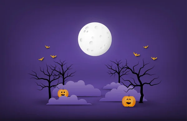 Happy Halloween Banner Poster Background Big Moon Night Clouds Bare — Stock Vector