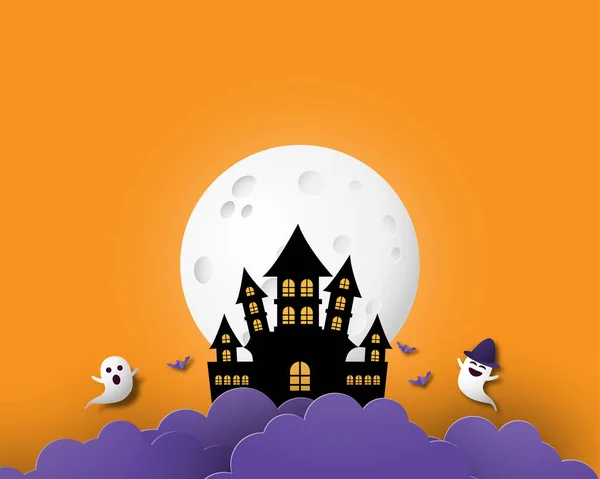 Happy Halloween Banner Poster Background Big Moon Night Clouds Ghost — Stock Vector