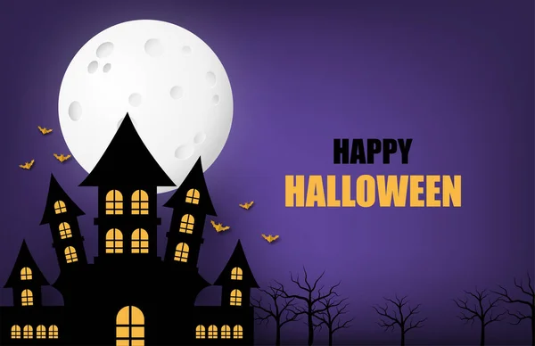 Happy Halloween Banner Poster Background Big Moon Silhouette Ghost Castle — Stock Vector