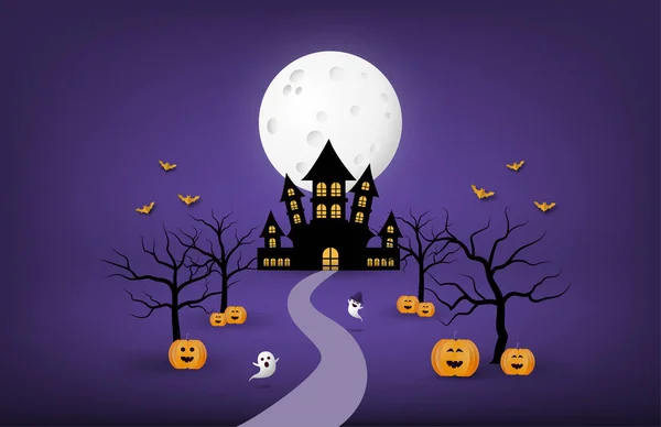 Happy Halloween Banner Poster Background Big Moon Silhouette Ghost Castle — Stock Vector