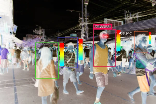 Screen showing video from thermal AI camera, detecting elevated body temperature of people walking in the airport or train station.Coronavirus spread control