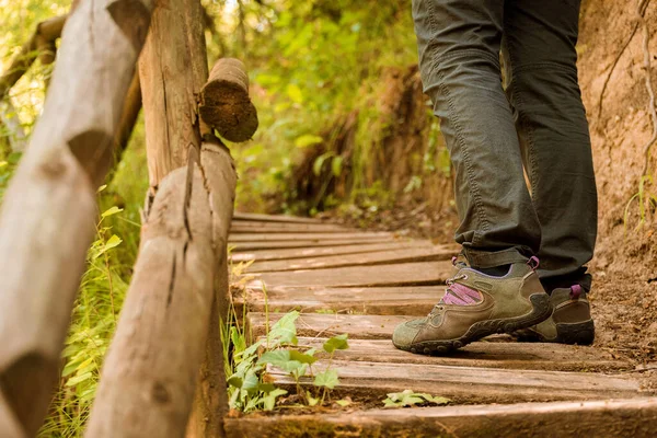 young woman trekking around a forest