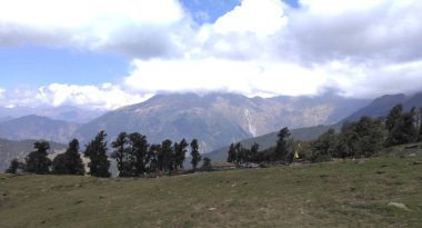 Arkasında dağ olan yeşil bir çim tarlası.