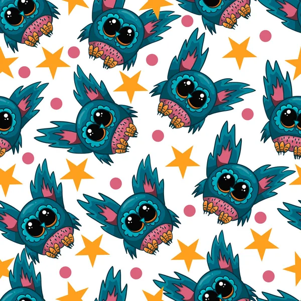 Seamless pattern with cute vector owl in cartoon style — Stock Vector