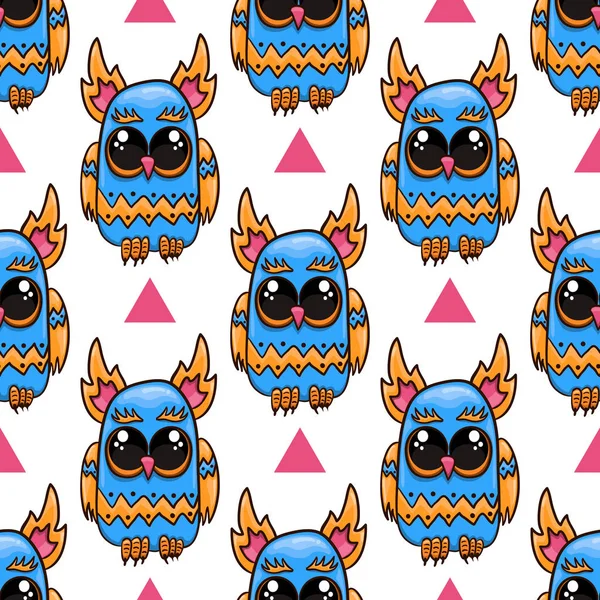 Seamless pattern with cute vector owl. Cute vector owl in cartoon style. Fantastic animal illustration — Stock Vector