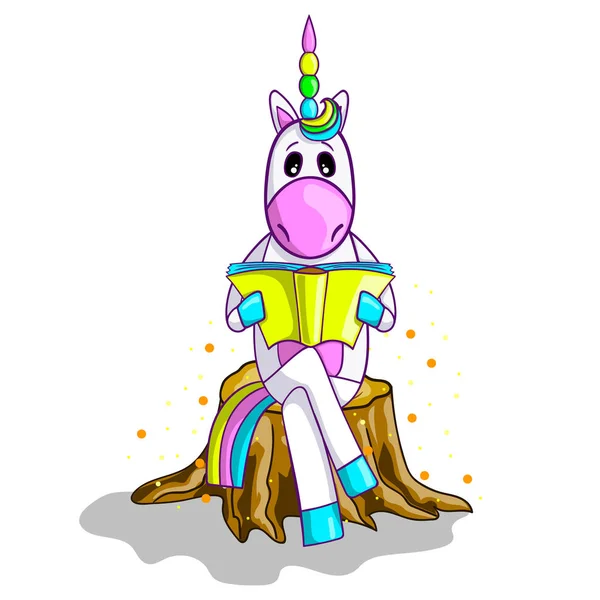 Cute unicorn in cartoon style reading a book