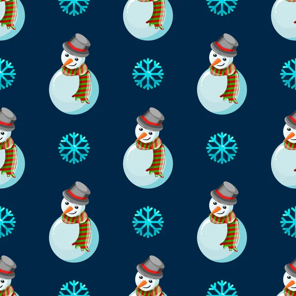 Seamless pattern with vector cartoon snowman in hat — vektorikuva