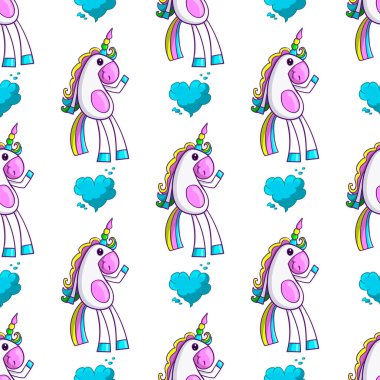 Sevimli tek boynuzlu at ve kalp şeklinde bulut.