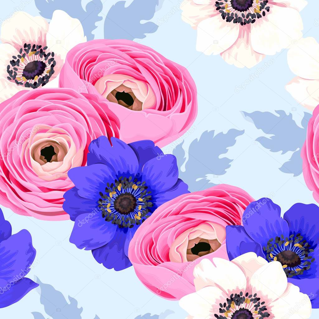 Seamless pattern with anemones and ranunculus