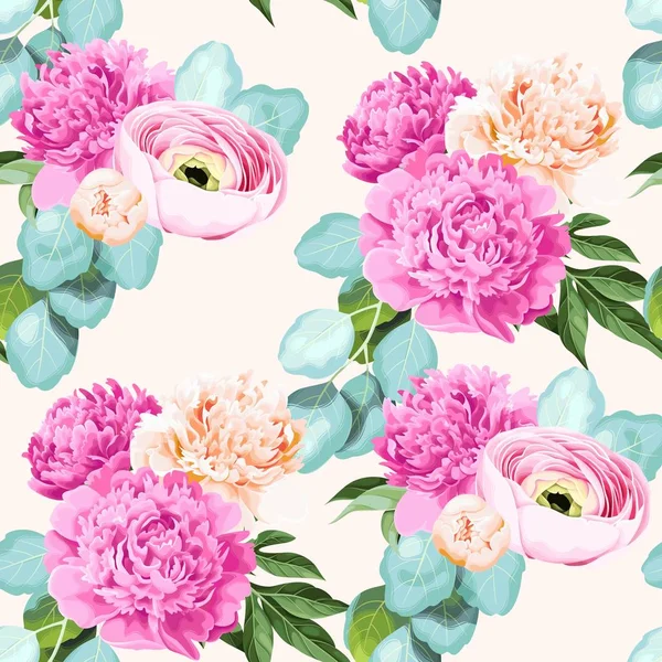 Seamless pattern with peony and ranunculus — Stock Vector