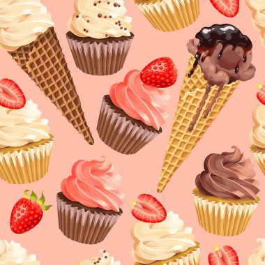 Pembe bir arka plan üzerinde sorunsuz cupcakes