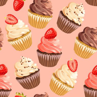 Pembe bir arka plan üzerinde sorunsuz cupcakes