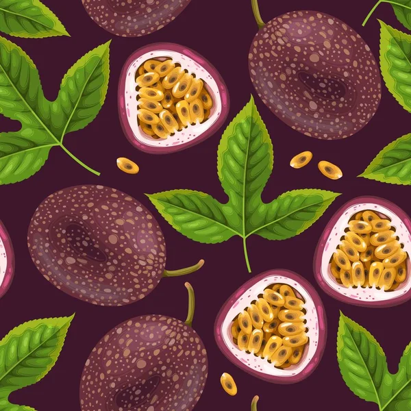 Passionfruits and leaves seamless — Stock Vector