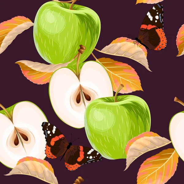 Padrão sem costura com maçãs e folhas verdes — Vetor de Stock