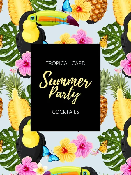 Carta estiva tropicale con tucani e fiori — Vettoriale Stock