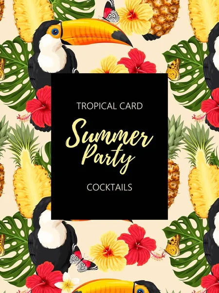 Tropische zomer kaart met toekans en bloemen — Stockvector