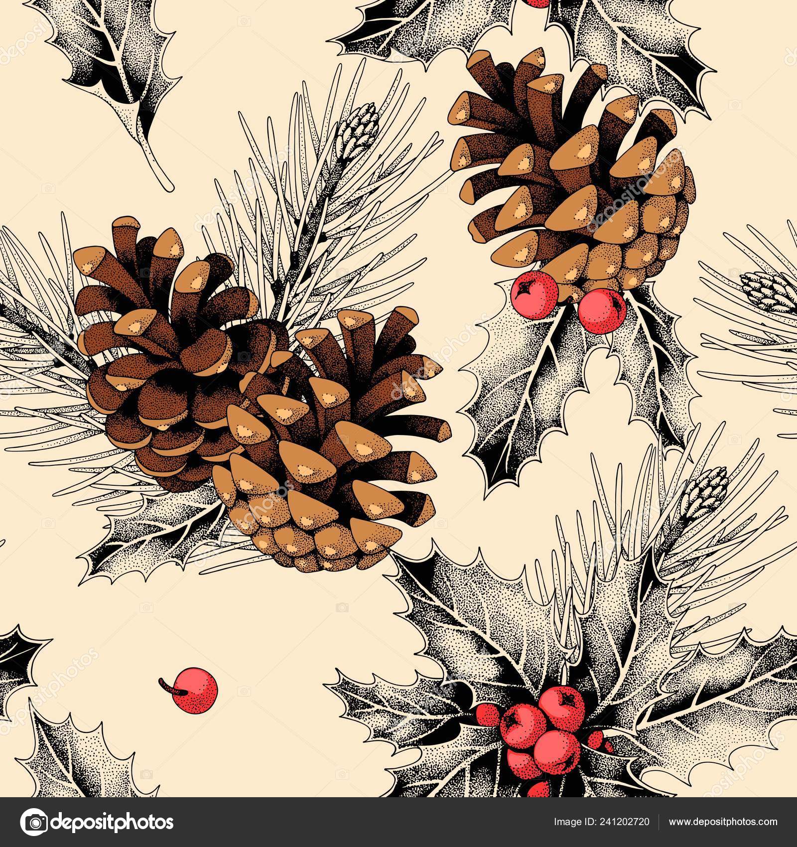 ヒイラギの葉っぱと松ぼっくりとシームレスなパターン ストックベクター C Greylilac