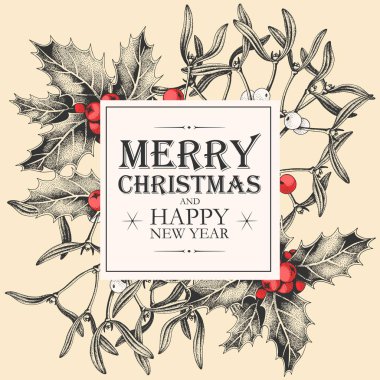 Holly ve ökseotu ile vektör Noel kartı