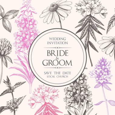 Vektör zarif düğün kartı çayır çiçekli