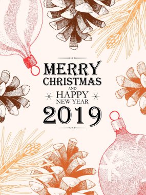 Holly ve çam kozalakları ile vektör Noel kartı