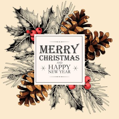 Elle çizilmiş holly ve çam kozalakları ile vektör vintage kartı