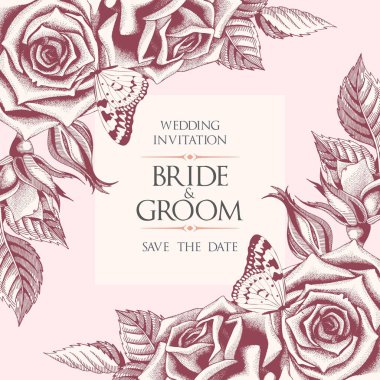 Vektör düğün davetiyesi ile el çizilmiş güller